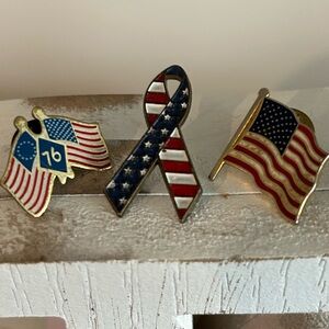 3 Vintage Patriotic Hat Pins 2 American Flag 1 Breast Cancer Ribbon